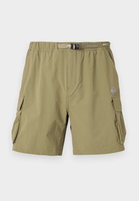 Khaki cargoshorts met elastische tailleband, zijzakken en een sluiting met gesp aan de voorkant. Gemaakt van lichtgewicht, gestructureerde stof.