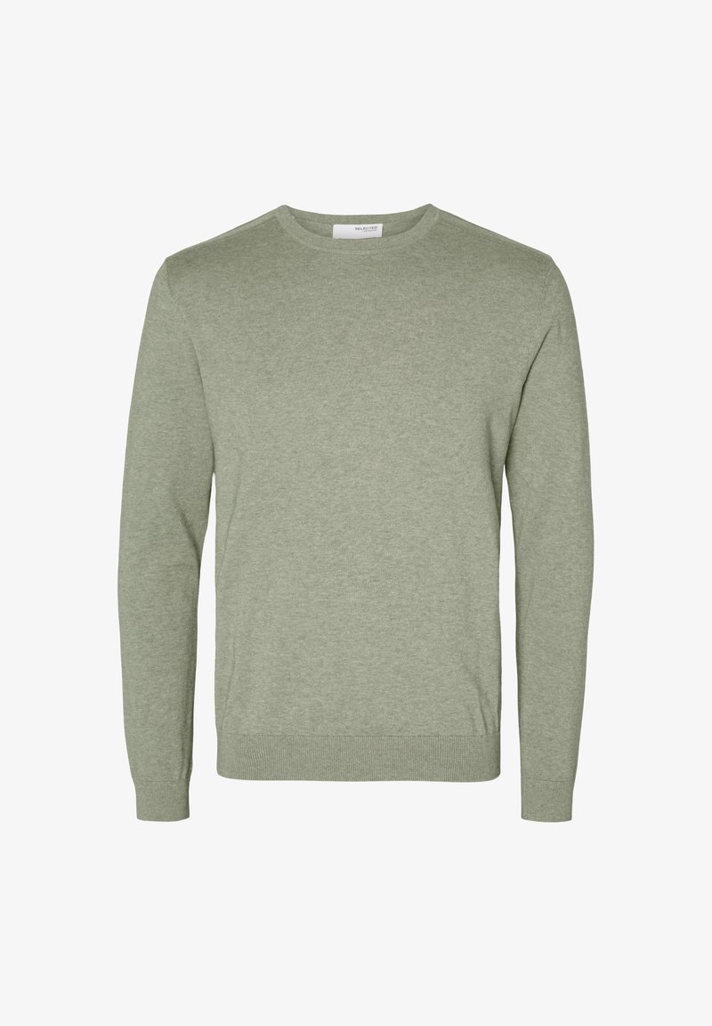 Lys grønn genser laget av mykt strikkemateriale, med rund hals, lange ermer og ribbestrikkede mansjetter og nederkant. Enkelt design og jevn tekstur.