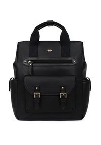 Zaino in pelle sintetica nera con doppi manici superiori, tasca frontale con cerniera, due cinturini anteriori con fibbia e finitura strutturata.