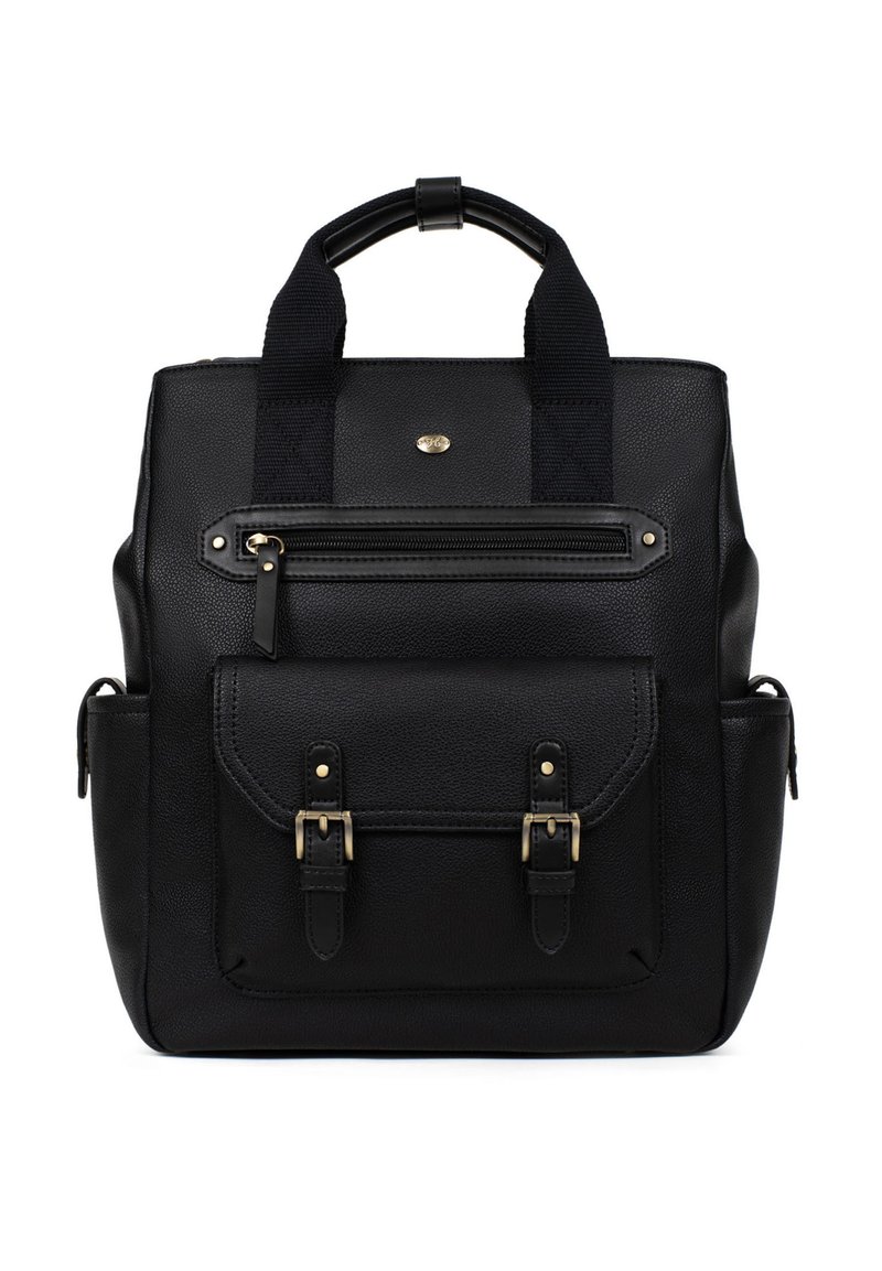 Zaino in pelle sintetica nera con doppi manici superiori, tasca frontale con cerniera, due cinturini anteriori con fibbia e finitura strutturata.