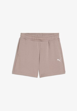 Shorts couleur taupe avec taille élastique, poches latérales et logo Puma blanc sur la jambe droite sur fond blanc.
