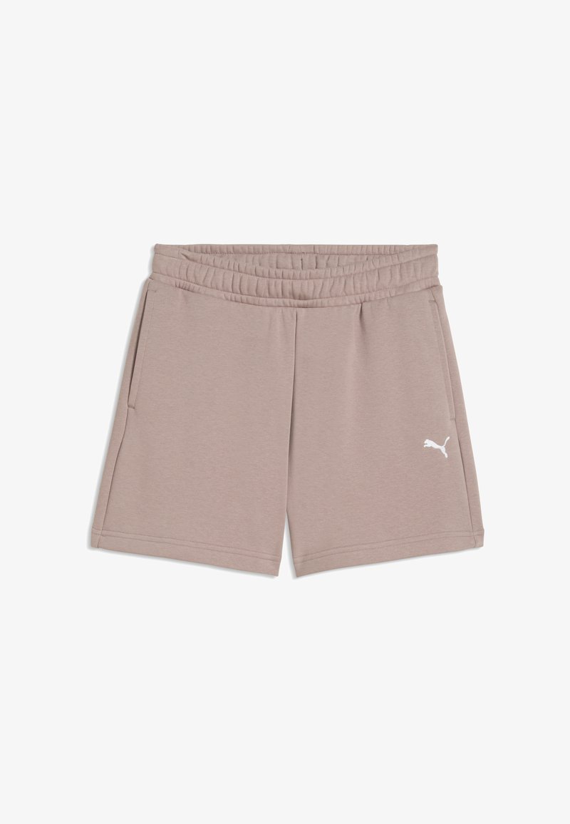 Shorts couleur taupe avec taille élastique, poches latérales et logo Puma blanc sur la jambe droite sur fond blanc.