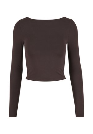 Top scurt cu mânecă lungă de culoare maro, realizat dintr-un material neted, având un decolteu larg și un design ajustat, cu un stil minimalist.