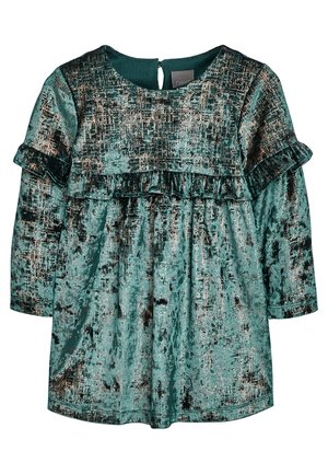 Robe pour tout-petit à manches longues en velours bleu sarcelle avec motif argenté métallique et détail à volants sur la poitrine et les manches, fermeture à boutons au niveau de l'encolure arrière.