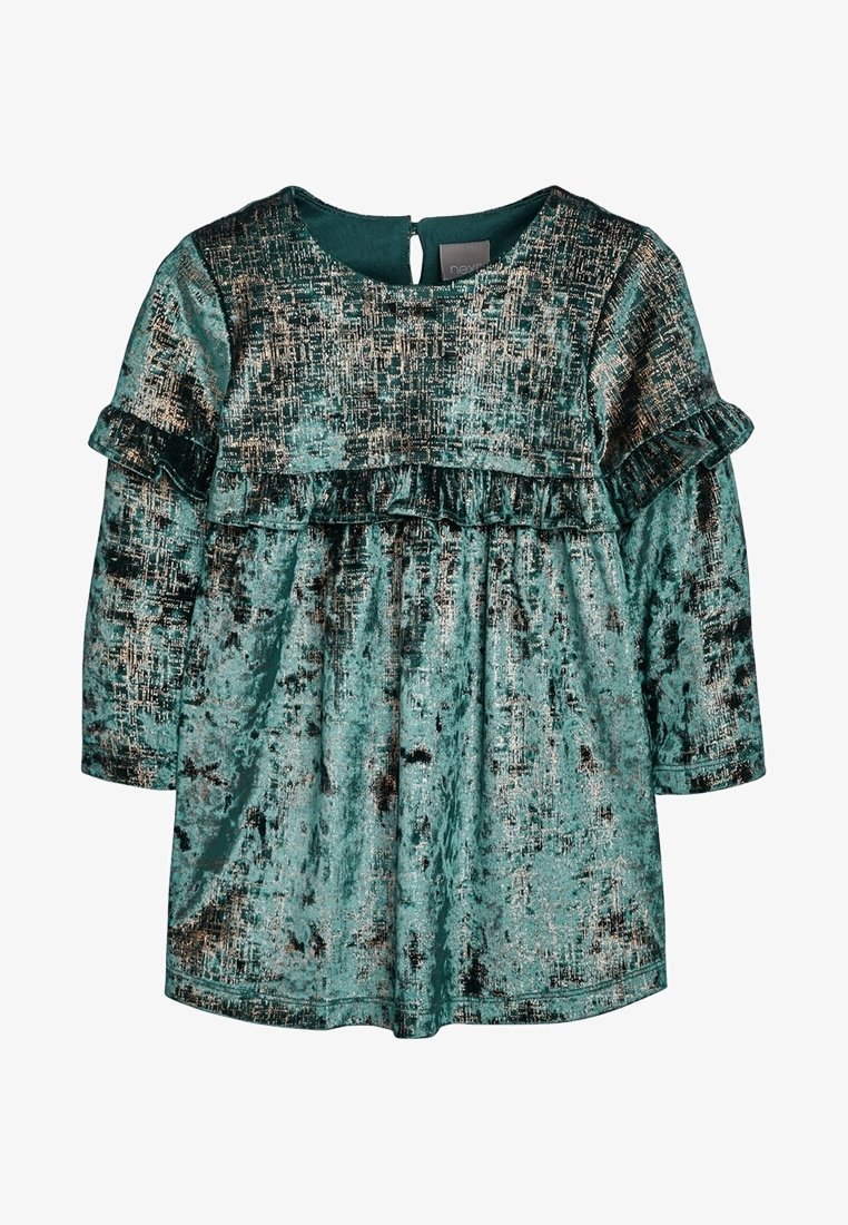 Robe pour tout-petit à manches longues en velours bleu sarcelle avec motif argenté métallique et détail à volants sur la poitrine et les manches, fermeture à boutons au niveau de l'encolure arrière.
