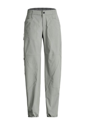 Light gray outdoor hiking pants with elastic waist and ankles, front and side pockets, and stitched knee details.