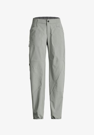 Light gray outdoor hiking pants with elastic waist and ankles, front and side pockets, and stitched knee details.