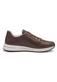 Brown leather sneaker with a smooth finish, white midsole, round toe, and six eyelets for laces. Features subtle stitching details.