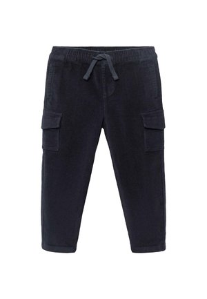 Schwarze Cord-Cargohose mit elastischem Bund und Kordelzug, seitlichen Klappentaschen und einem legeren Schnitt.