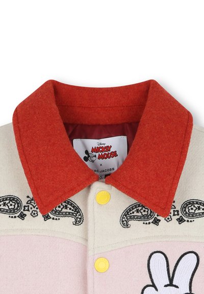 Giacca con colletto di Topolino, colletto in feltro rosso, pannelli color rosa pastello e crema, ricamo paisley e chiusura con bottoni gialli.
