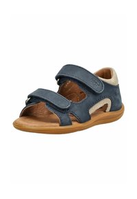 Sandale en cuir bleu marine pour enfant avec deux brides Velcro ajustables et une semelle rembourrée marron clair.