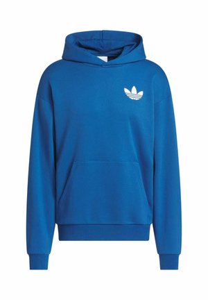 Blauwe hoodie van een katoenmix met een voorkantvak, ribgebreide manchetten en zoom. Kenmerkt zich door een wit logo aan de bovenste linkerkant.