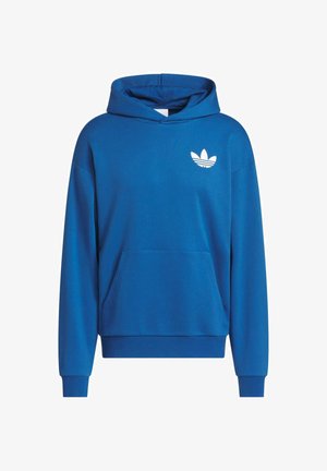 Blauwe hoodie van een katoenmix met een voorkantvak, ribgebreide manchetten en zoom. Kenmerkt zich door een wit logo aan de bovenste linkerkant.