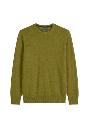 Groene gebreide trui met geribde manchetten en halslijn, voorzien van een textuurstof en een klassiek ronde hals ontwerp. Geen patronen of accenten.