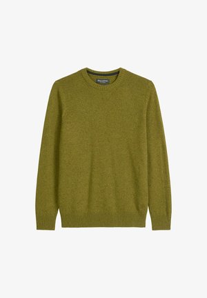 Grüner Strickpullover mit gerippten Bündchen und Ausschnitt, aus strukturiertem Stoff hergestellt und im klassischen Rundhalsdesign geschnitten. Keine Muster oder Akzente.