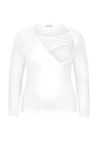 White long-sleeve top with a deep V-neck and intricate ruched detailing at the bust, made from soft, stretchy fabric.