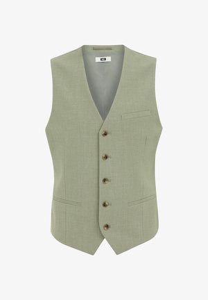 Világoszöld, textúrált anyagú mellény, V nyakkal, öt gombbal, két elülső zsebbel és egy mellzsebbel.