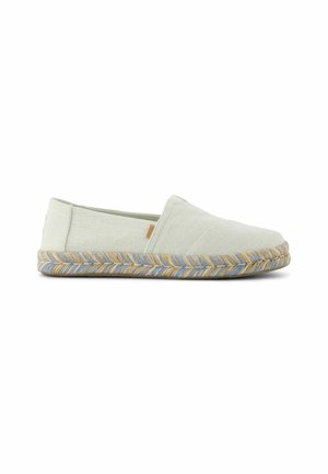 Light green canvas slip-on shoe with a textured finish, featuring a jute sole accented with blue and natural fibers, rounded toe design.