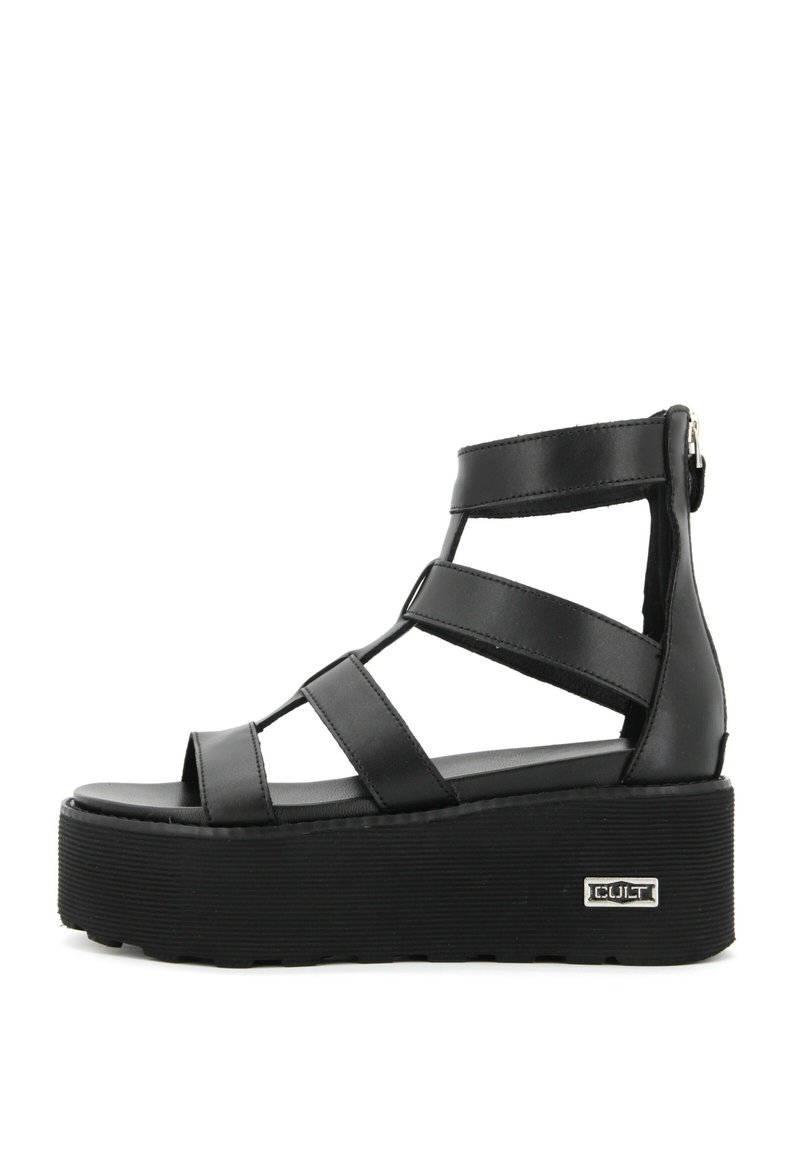 Sandali neri con piattaforma, caratterizzati da più cinturini, design aperto sulla punta e suola texture. Presentano una chiusura con zip sul retro e un logo del marchio.