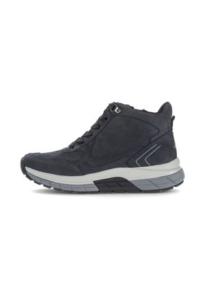 Dark blue suede high-top sneaker with black laces, white cushioned sole, and reflective accents on the side and heel.