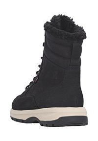 Schwarze Wildleder-Stiefeletten mit einem flauschigen schwarzen Kragen, Gummisohle, verstärkter Naht und Schnürdesign für sicheren Halt und Komfort.