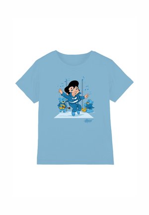 Light blue t-shirt with cartoon of a singing man in a blue suit dancing, flanked by two blue bears playing guitar and saxophone.