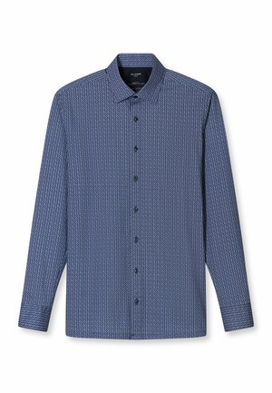 Marineblaues Langarmhemd mit kleinem weißen geometrischen Muster, spitzem Kragen und Knopfverschluss, ausgestattet mit schwarzen Knöpfen und einer Standardmanschette.