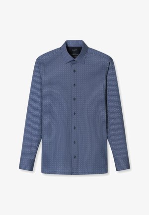 Marineblaues Langarmhemd mit kleinem weißen geometrischen Muster, spitzem Kragen und Knopfverschluss, ausgestattet mit schwarzen Knöpfen und einer Standardmanschette.