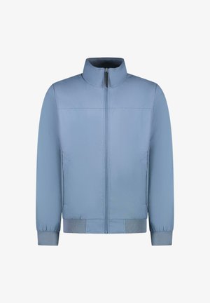 Lichtblauwe jas met een hoge kraag, ritssluiting aan de voorkant, geribbelde manchetten en zoom, met een gladde, strakke textuur en minimalistisch ontwerp.