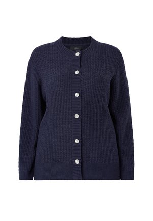 Marineblå tekstureret strikket cardigan med rund halsudskæring og seks sølvknapper ned foran.