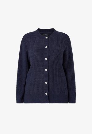 Marineblå tekstureret strikket cardigan med rund halsudskæring og seks sølvknapper ned foran.