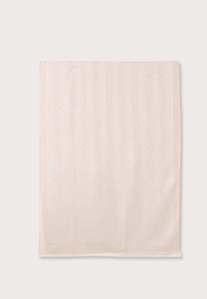 Foulard carré beige clair étalé à plat avec un motif chevron vertical subtil et des bords lisses sur fond blanc.