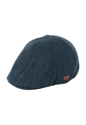 Dark blue flat cap with a herringbone pattern and a small brown rectangular tag on the side.