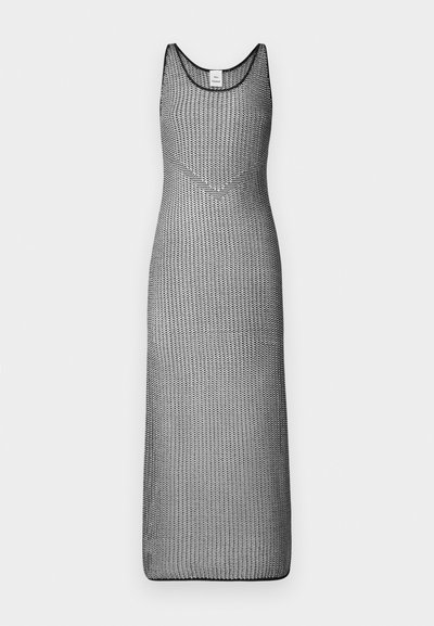 Black mesh tank dress with a scoop neckline, featuring a fitted silhouette, and subtle diamond-knit pattern throughout. Long and floor-length.