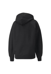 Sudadera con capucha negra de ajuste relajado, con hombros caídos, puños acanalados y un tejido texturizado. Vista trasera mostrada.