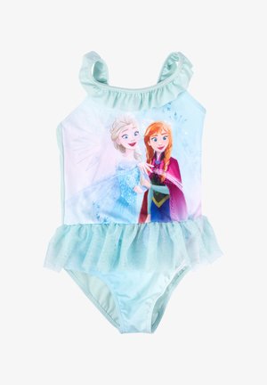 Costume da bagno per bambini di colore azzurro chiaro con gonna arricciata. Presenta immagini di due personaggi animati, Elsa e Anna, sul davanti. Texture liscia.