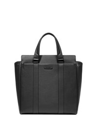 Borsa tote in pelle nera con design strutturato, dotata di due manici superiori e cuciture verticali sottili. Texture liscia, hardware minimale.