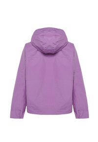 Jachetă cu glugă violet, realizată dintr-un material neted și ușor, cu mâneci lungi și un design simplu și minimalist. Fără hardware sau accente vizibile.
