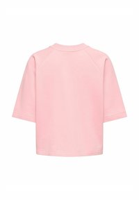 Sudadera de manga corta color rosa suave con cuello redondo y costuras raglán, vista desde atrás sobre un fondo blanco.