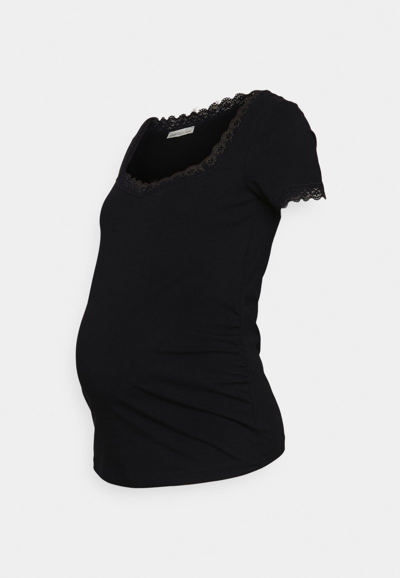 Black maternity t-shirt made of soft fabric, featuring a square neckline with lace trim, short sleeves, and gathered sides for a fitted shape.