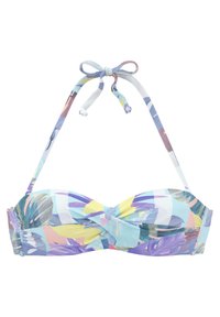 Bikini gornji dio s dizajnom iskrivljenog prednjeg dijela u pastelnim bojama. Sadrži podesive naramenice i uzorke listova na glatkom, rastezljivom materijalu.