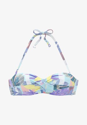 Bikini top ar pagrieziena priekšpusi pasteļu krāsās. Tam ir regulējamas siksnas un lapu raksti uz gludas, elastīgas auduma.