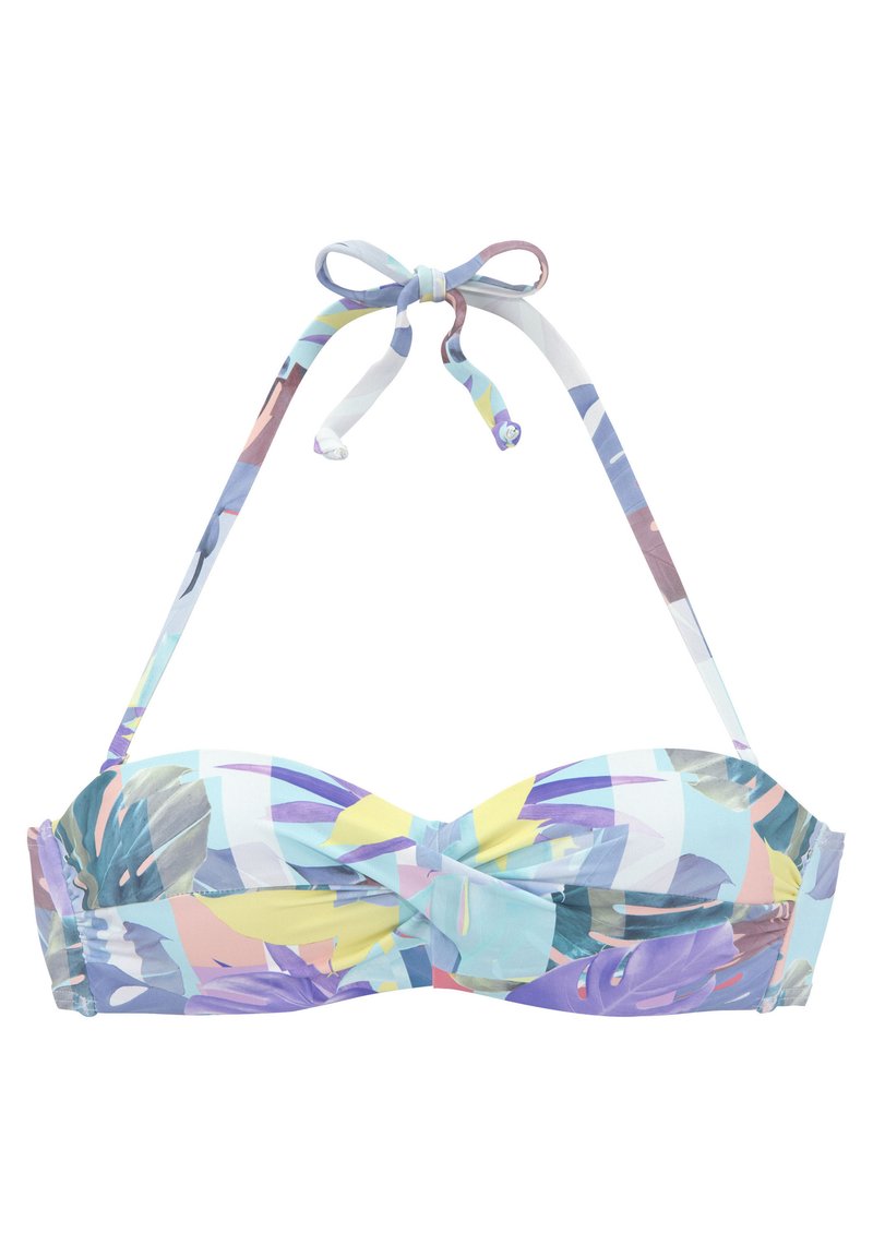 Bikini gornji dio s dizajnom iskrivljenog prednjeg dijela u pastelnim bojama. Sadrži podesive naramenice i uzorke listova na glatkom, rastezljivom materijalu.