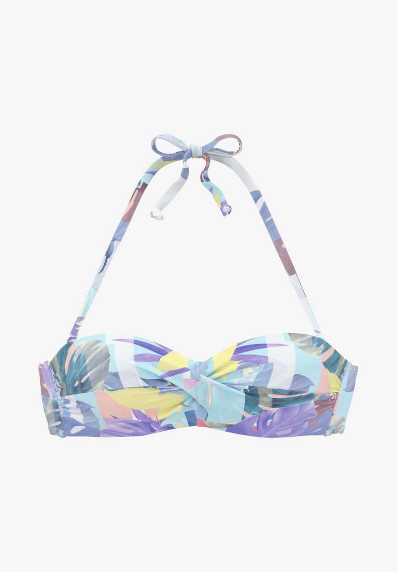 Maudymosi kostiumėlio viršus su suktos priekio dizainu pastelinių spalvų. Savybės: reguliuojamos petnešos ir lapų raštai ant lygaus, tamprios medžiagos.