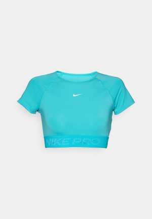 Haut de sport turquoise raccourci à manches courtes avec une bande côtelée arborant "NIKE PRO" dans une teinte plus claire. Fabriqué en matériau extensible et respirant.