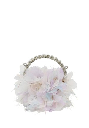 Pasztell színű virágmintás táska, amely rétegezett szövet szirmokból készült, fémszürke fogantyúval, amelyet dísz kövek díszítenek.