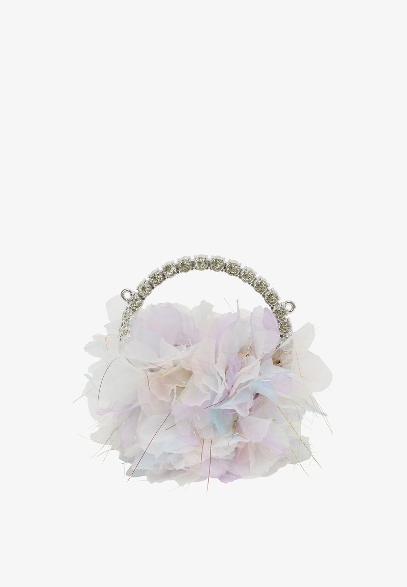 Pasztell színű virágmintás táska, amely rétegezett szövet szirmokból készült, fémszürke fogantyúval, amelyet dísz kövek díszítenek.
