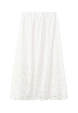Witte midi-rok met elastische tailleband en bloemen eyelet borduurwerk langs de geschulpte zoom.