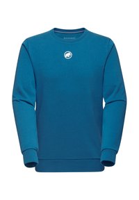 Blå sweatshirt i mjukt tyg, med rund halsringning och långa ärmar. Den har en liten vit logotyp på bröstet och ribbade muddarna.