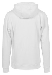 Sudadera blanca con capucha ajustable mediante cordón, mangas largas y puños acanalados. La parte trasera es lisa, sin logos ni patrones visibles.